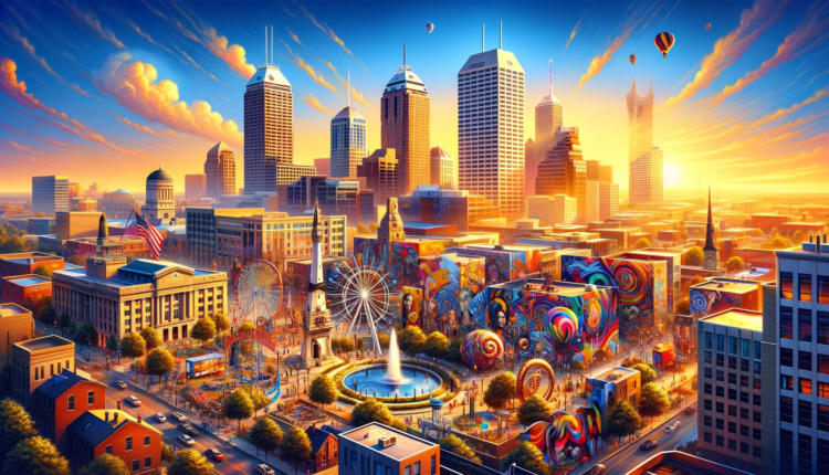 A panoramic view of Indianapolis cityscape, blending historical landmarks with modern art installations under a clear, sunny sky.
